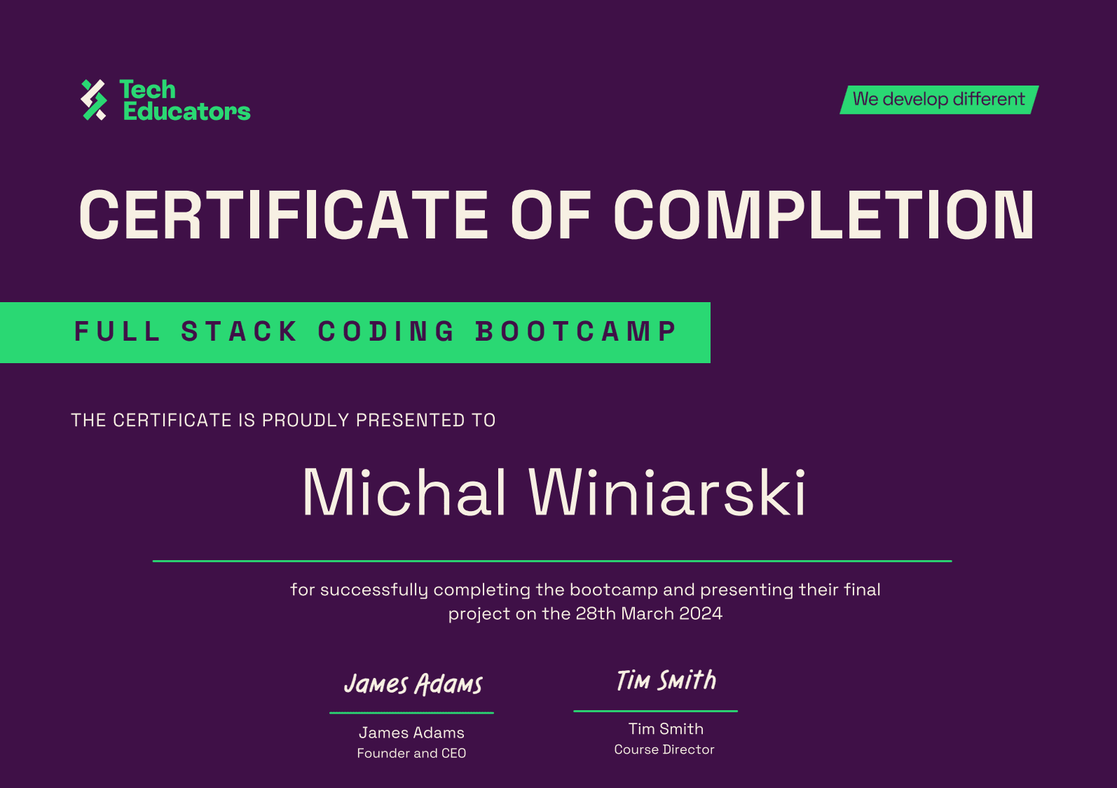 Tech Educators Full Stack MERN Bootcamp certificate